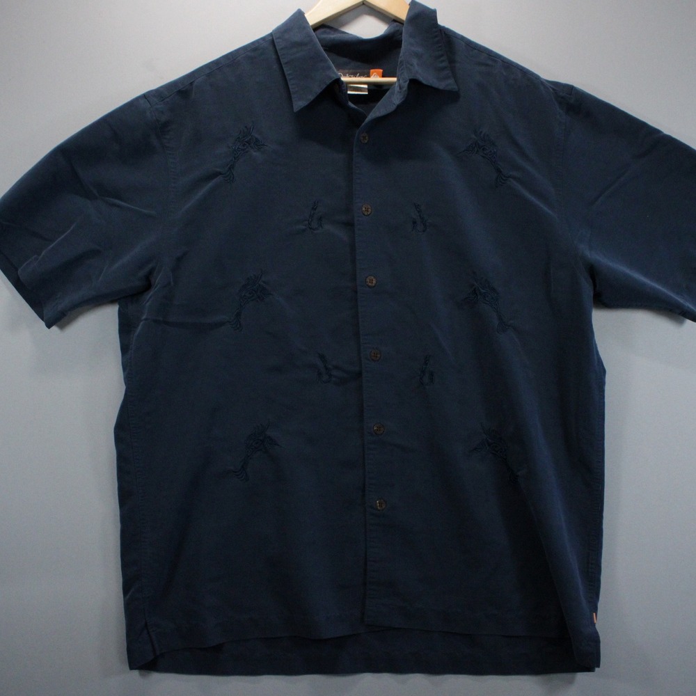 Quiksilver Men XL Blue Embroidered Front Soft Button Up Shirt Y2K Beach Surfer